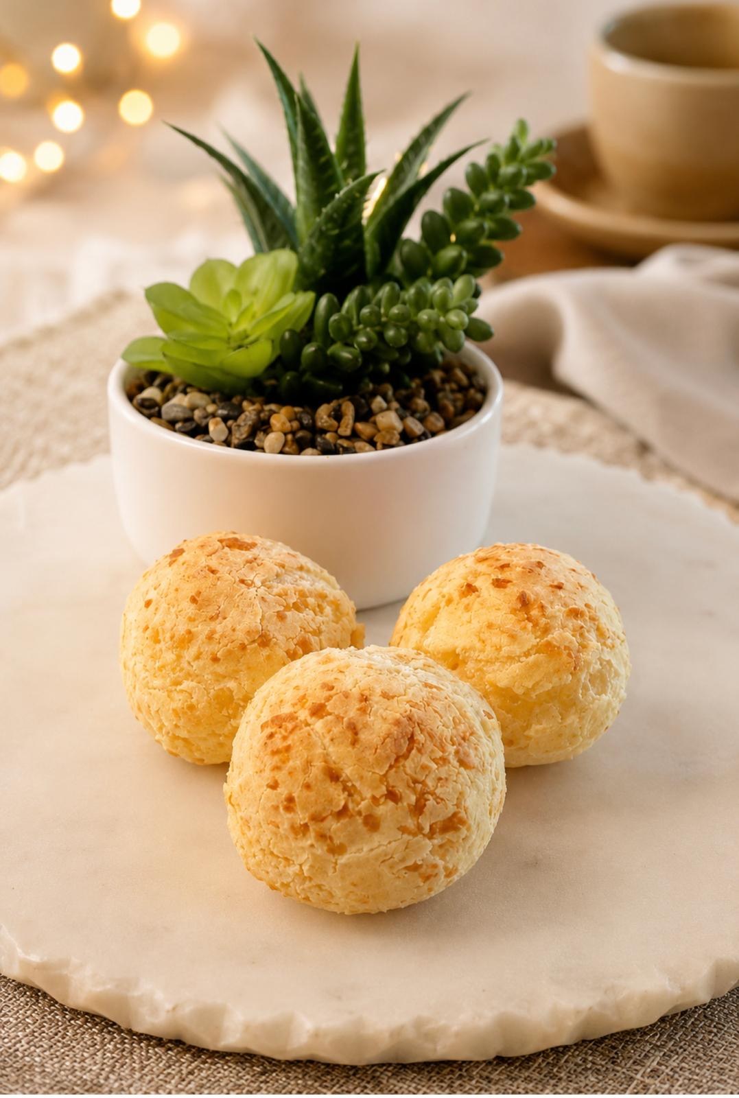 Three golden cheese breads on a marble board