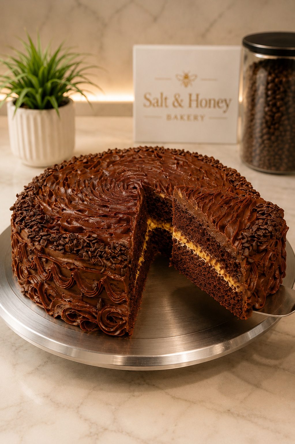 Signature chocolate layer cake, sliced