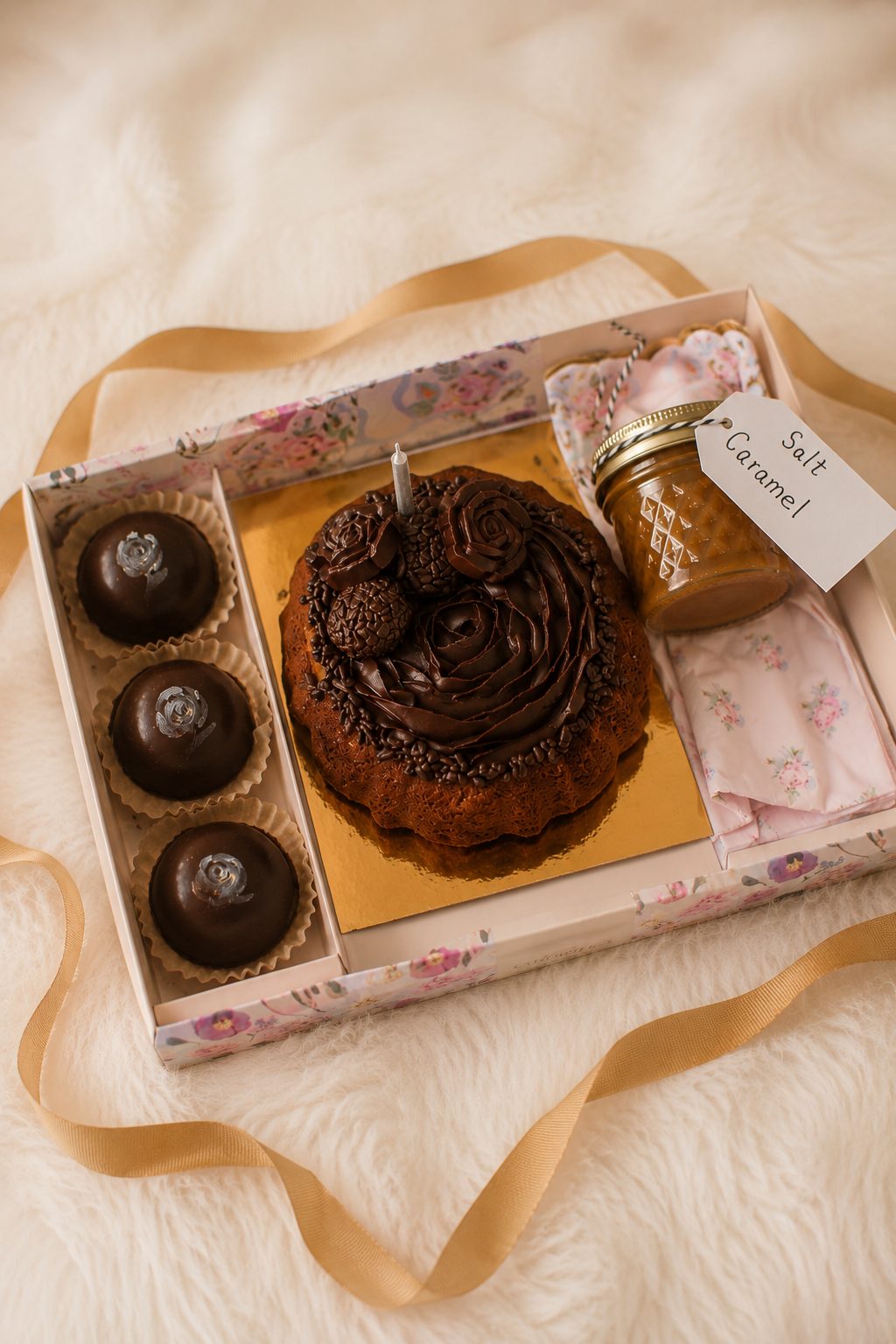 Gift box with cake, truffles and a jar of salted caramel